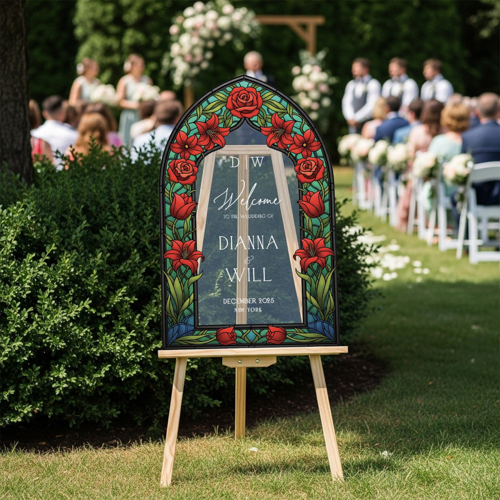 Red Floral Stained Glass Wedding Sign, Mirror Wedding Welcome Sign - SpeedyOrders