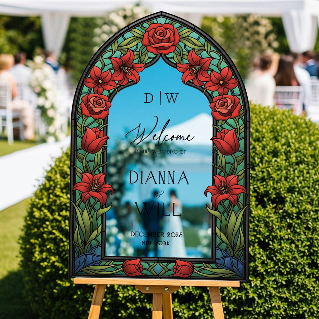 Red Floral Stained Glass Wedding Sign, Mirror Wedding Welcome Sign - SpeedyOrders