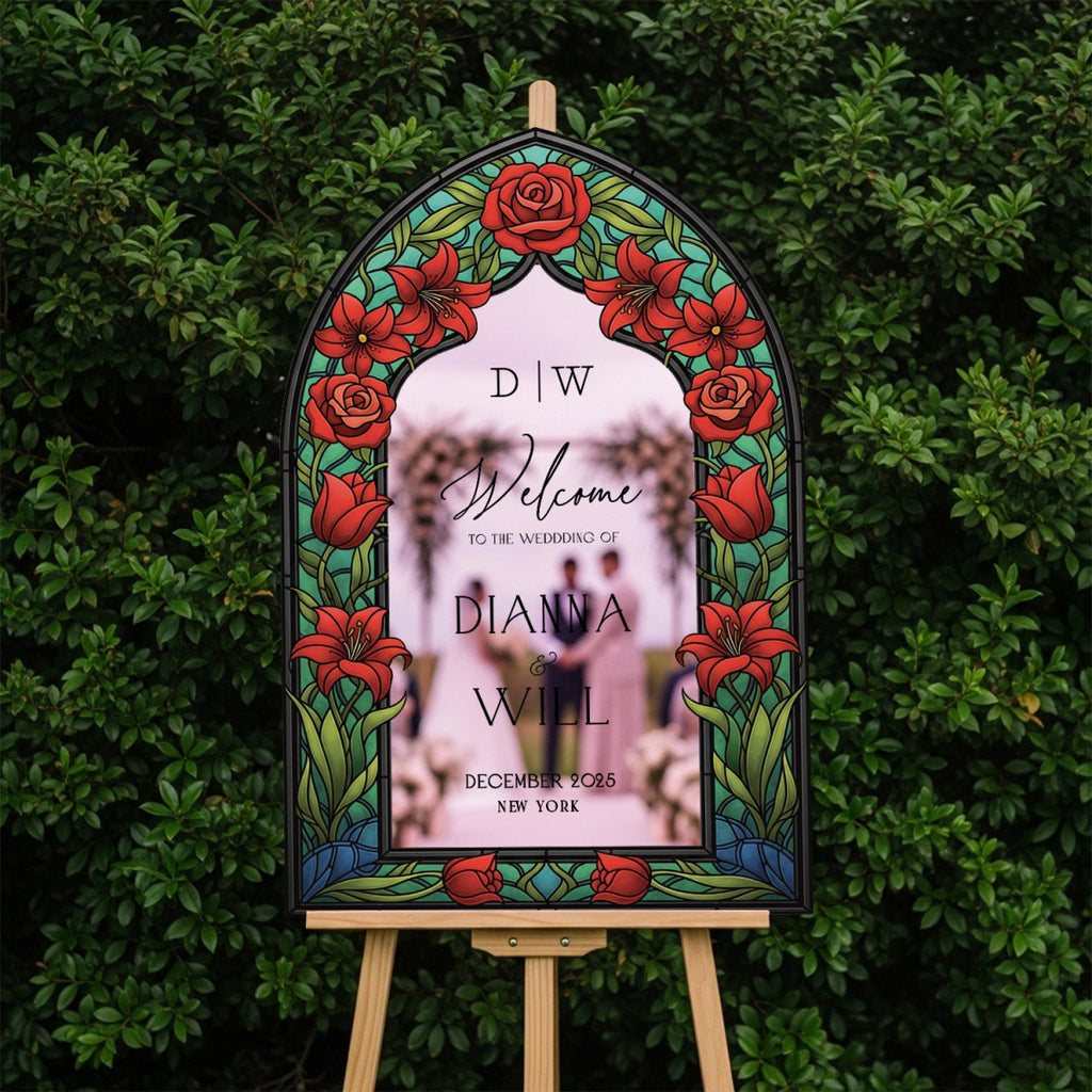 Red Floral Stained Glass Wedding Sign, Mirror Wedding Welcome Sign - SpeedyOrders