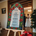 Red Floral Stained Glass Wedding Sign, Mirror Wedding Welcome Sign - SpeedyOrders
