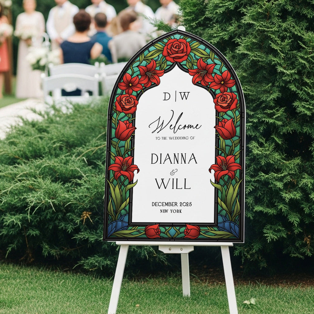 Red Floral Stained Glass Wedding Sign, Mirror Wedding Welcome Sign - SpeedyOrders