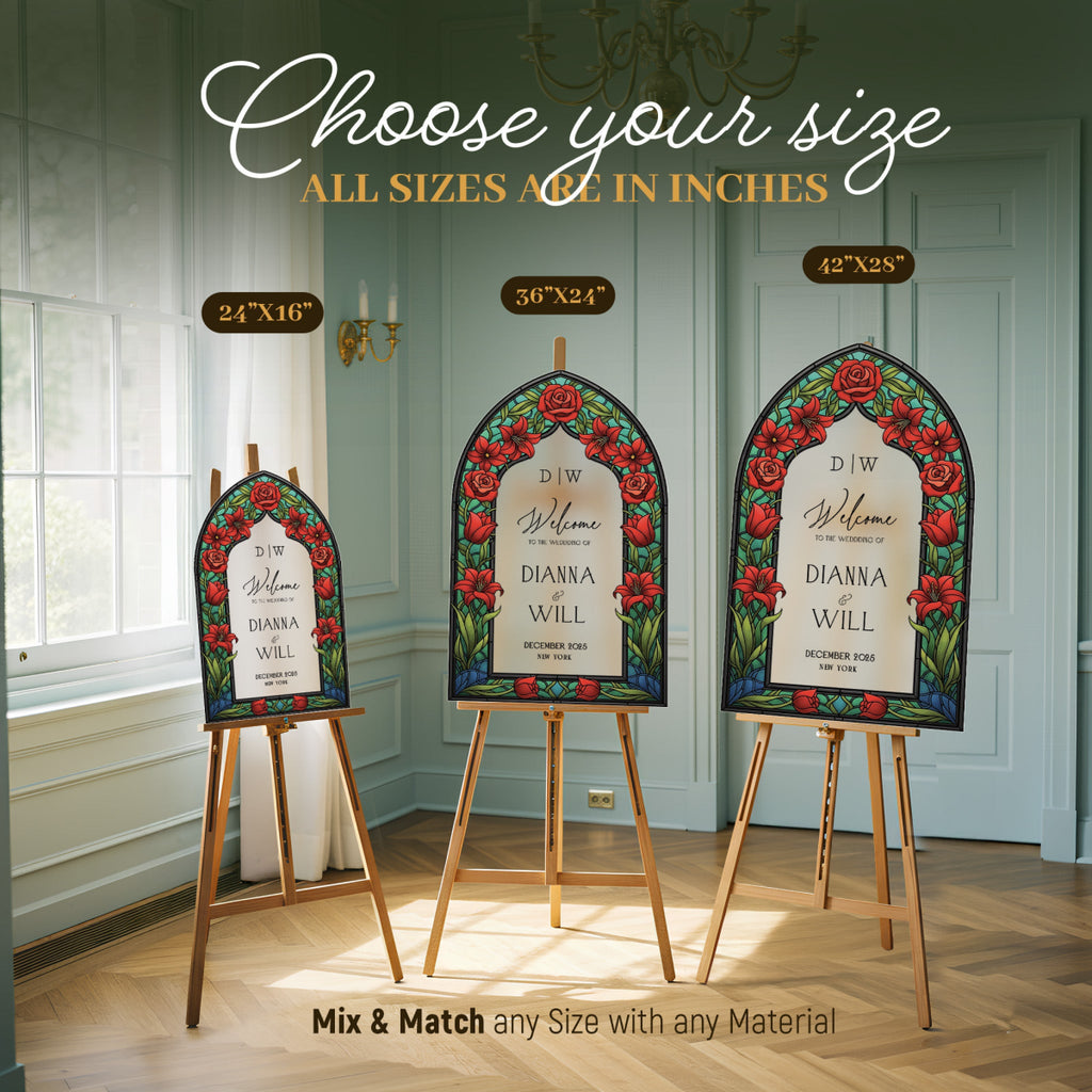 Red Floral Stained Glass Wedding Sign, Mirror Wedding Welcome Sign - SpeedyOrders