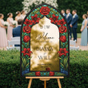 Red Floral Stained Glass Wedding Sign, Mirror Wedding Welcome Sign - SpeedyOrders