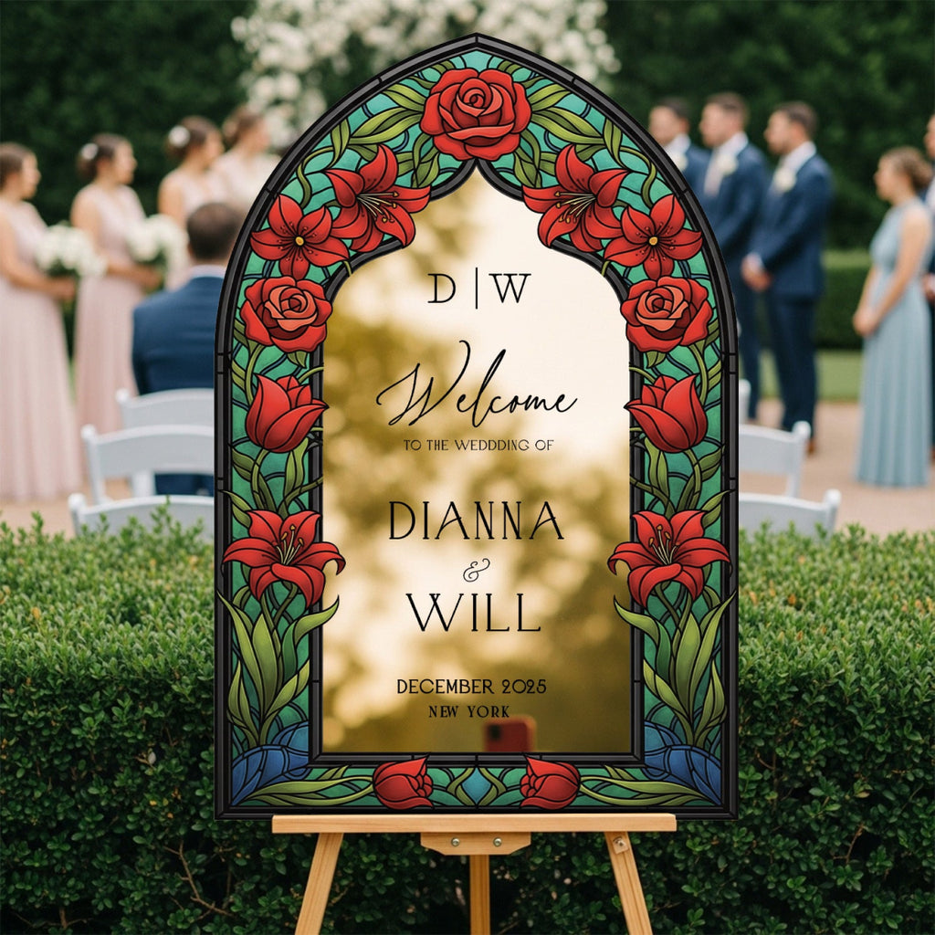 Red Floral Stained Glass Wedding Sign, Mirror Wedding Welcome Sign - SpeedyOrders