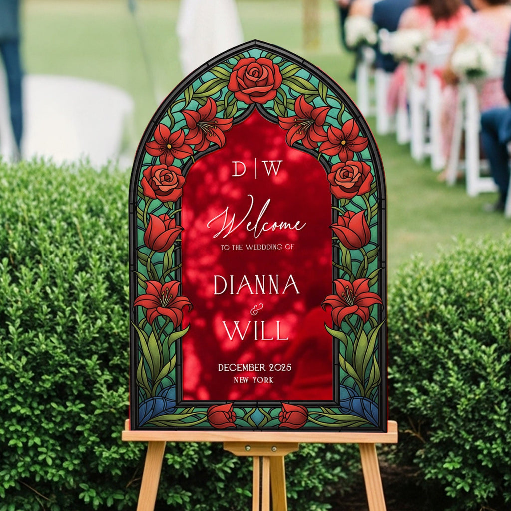 Red Floral Stained Glass Wedding Sign, Mirror Wedding Welcome Sign - SpeedyOrders