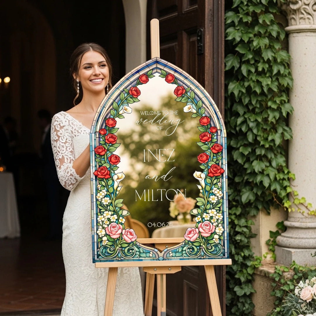 Red Rose & Calla Lily Wedding Welcome Sign — Gothic Stained Glass - SpeedyOrders