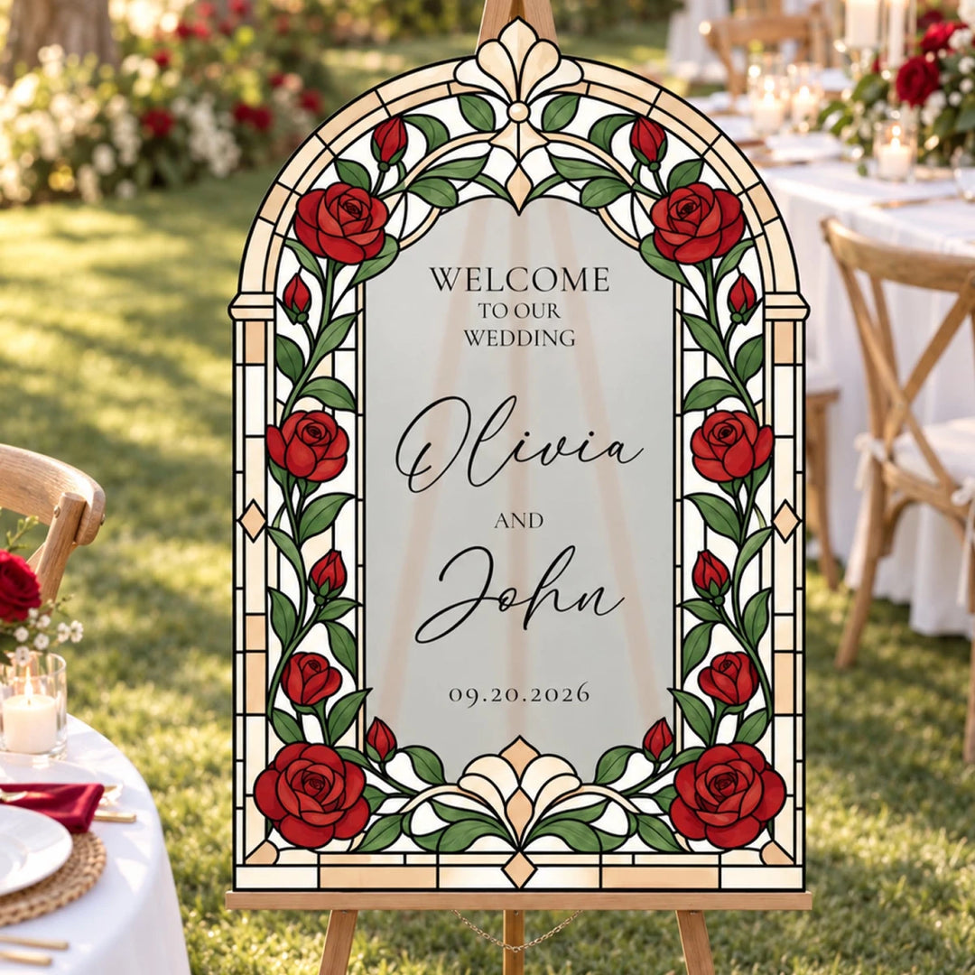 Red Rose Stained Glass Wedding Welcome Sign — Classic Floral Arch - SpeedyOrders