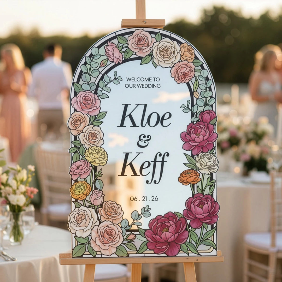 Red Roses Stained Glass Wedding Sign - SpeedyOrders