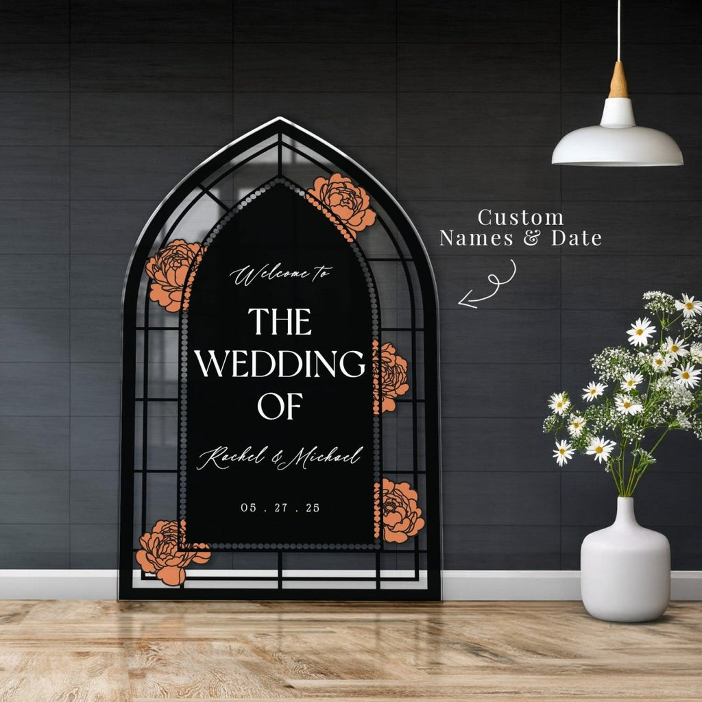 Red Roses Stained Glass Wedding Sign, Custom Black Wedding Welcome Signs - SpeedyOrders