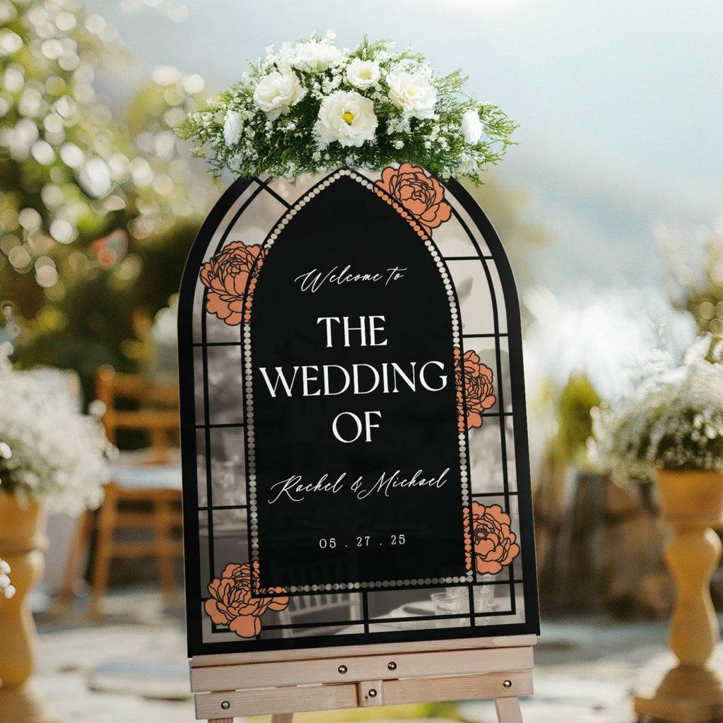 Red Roses Stained Glass Wedding Sign, Custom Black Wedding Welcome Signs - SpeedyOrders
