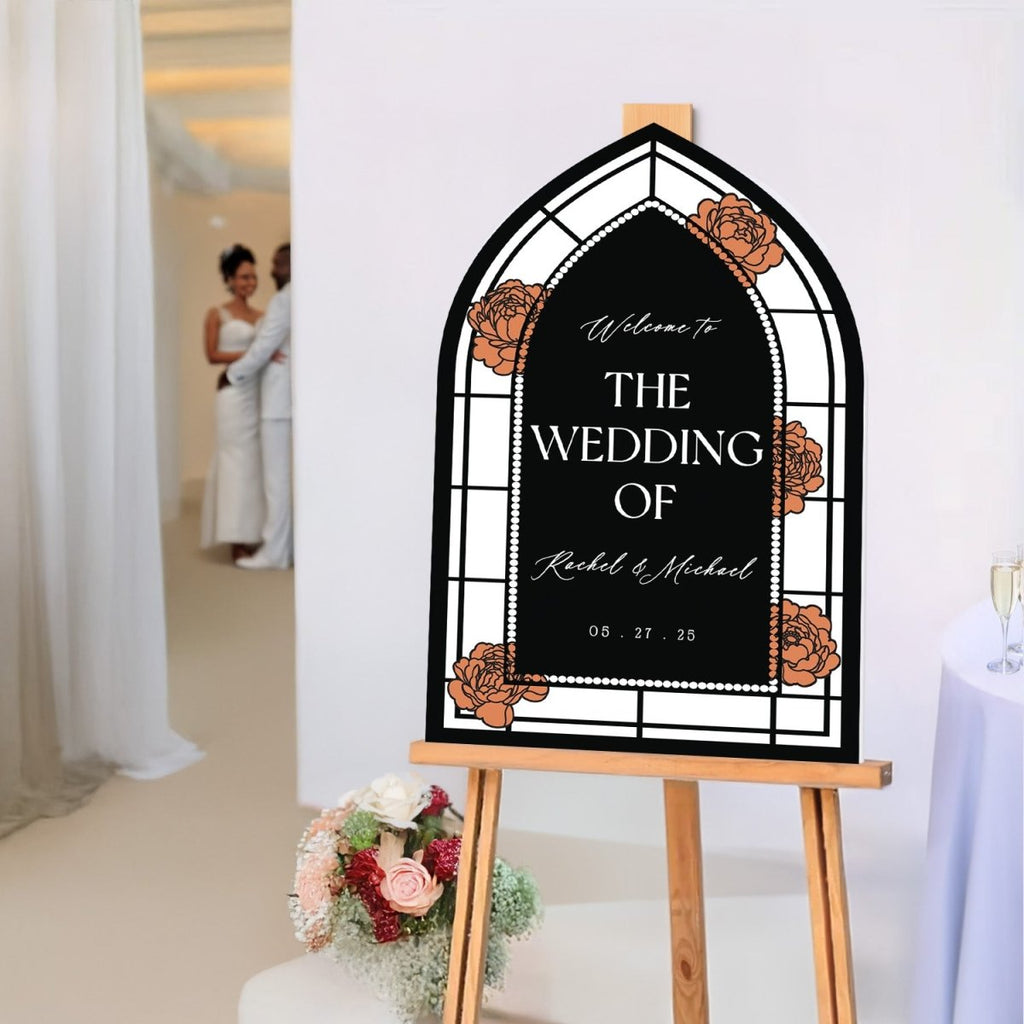 Red Roses Stained Glass Wedding Sign, Custom Black Wedding Welcome Signs - SpeedyOrders