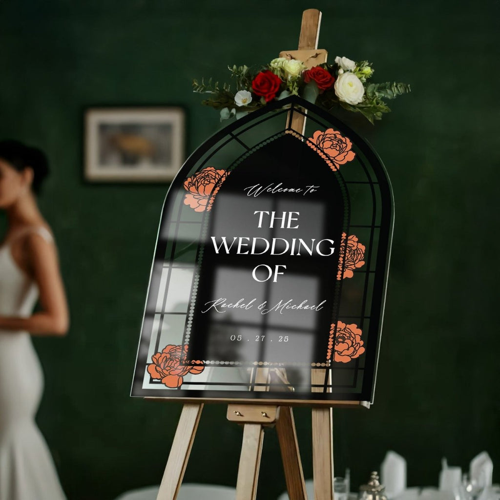 Red Roses Stained Glass Wedding Sign, Custom Black Wedding Welcome Signs - SpeedyOrders