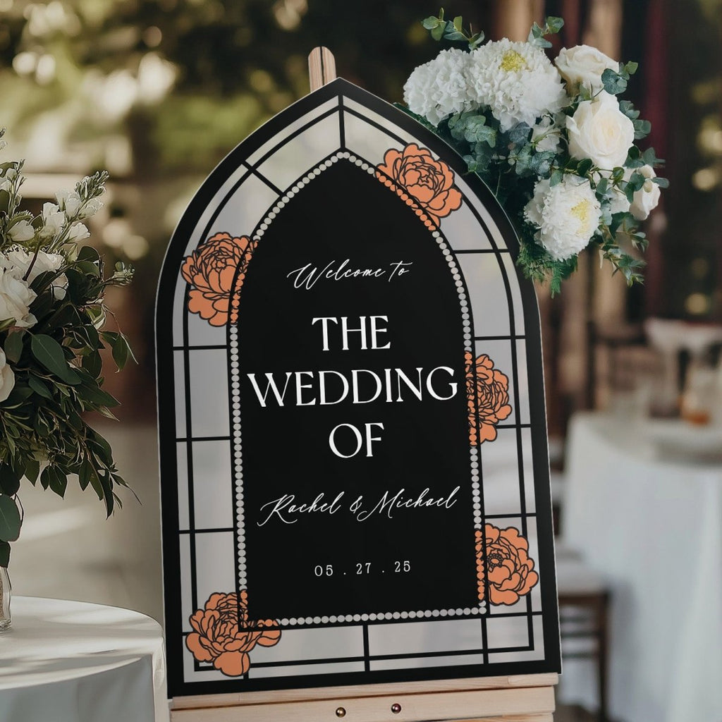 Red Roses Stained Glass Wedding Sign, Custom Black Wedding Welcome Signs - SpeedyOrders