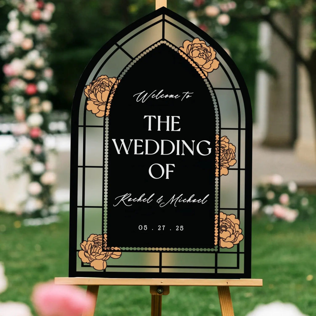 Red Roses Stained Glass Wedding Sign, Custom Black Wedding Welcome Signs - SpeedyOrders