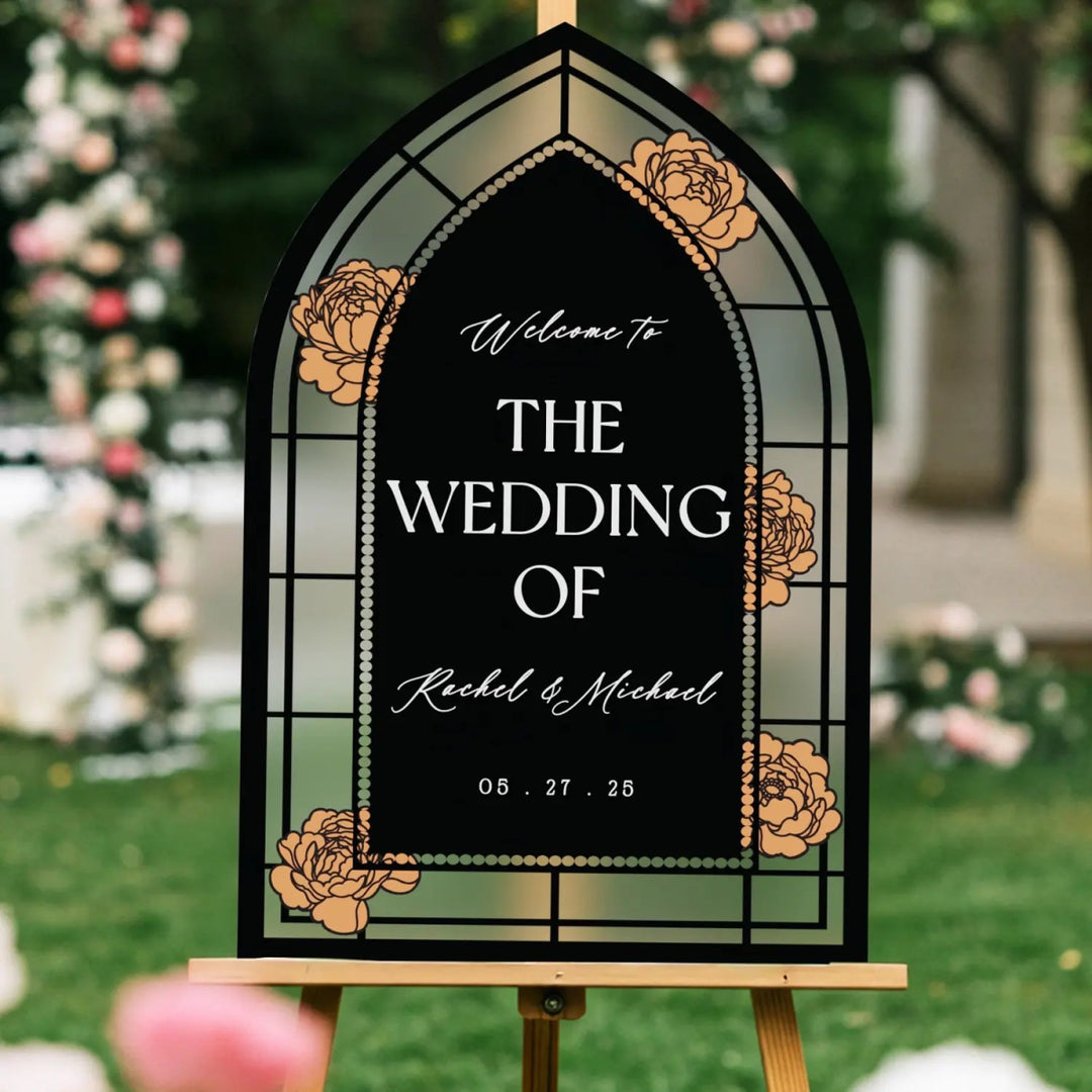 Red Roses Stained Glass Wedding Sign, Custom Black Wedding Welcome Signs - SpeedyOrders