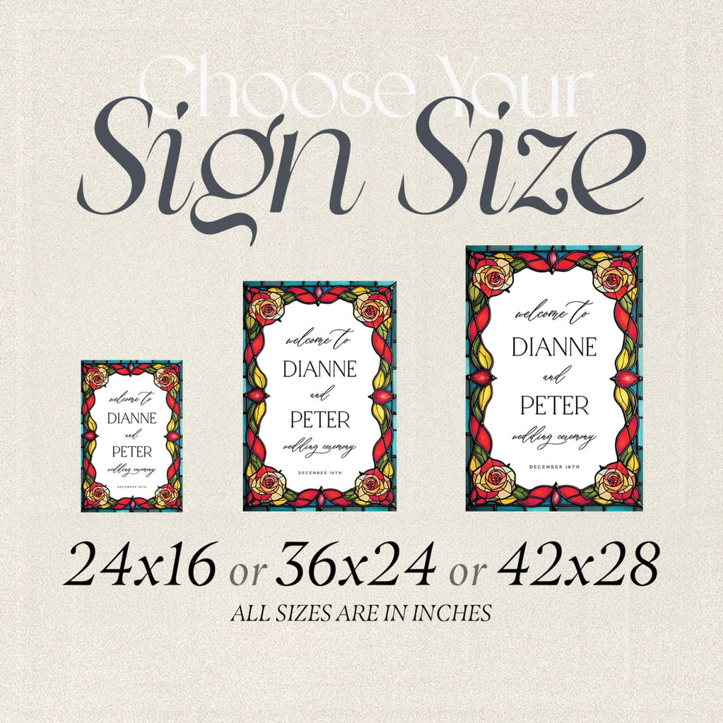 Red Roses Wedding Sign, Romantic Welcome Sign with Stained Glass Style - SpeedyOrders