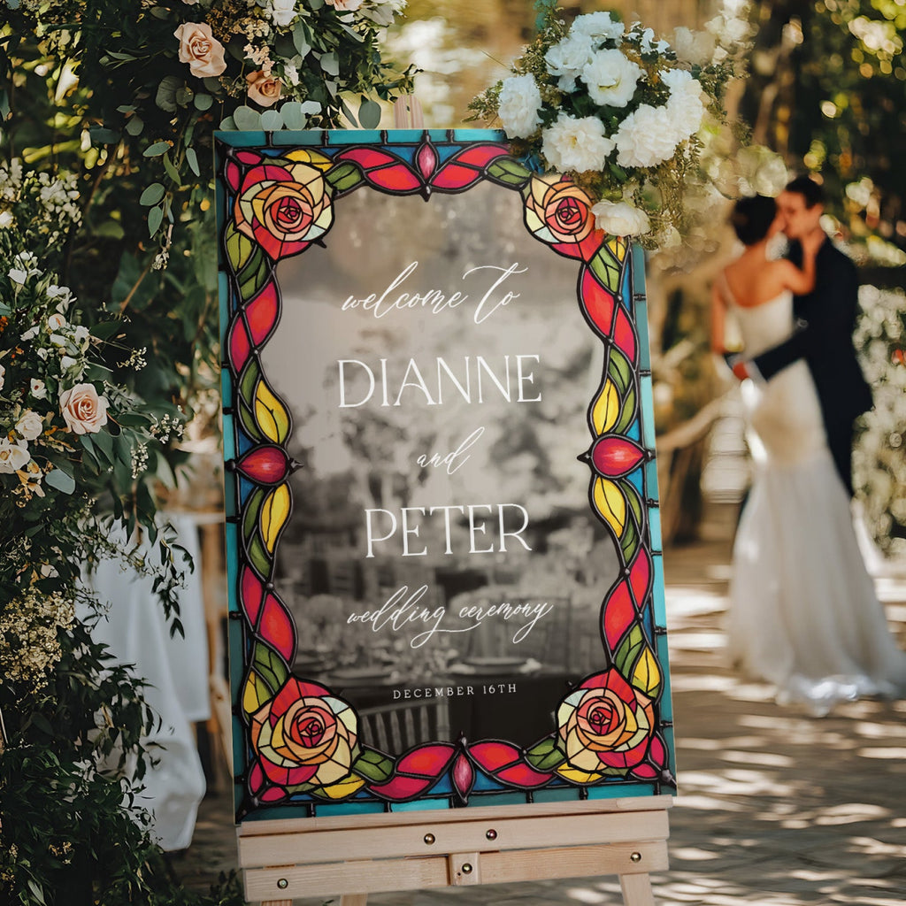 Red Roses Wedding Sign, Romantic Welcome Sign with Stained Glass Style - SpeedyOrders