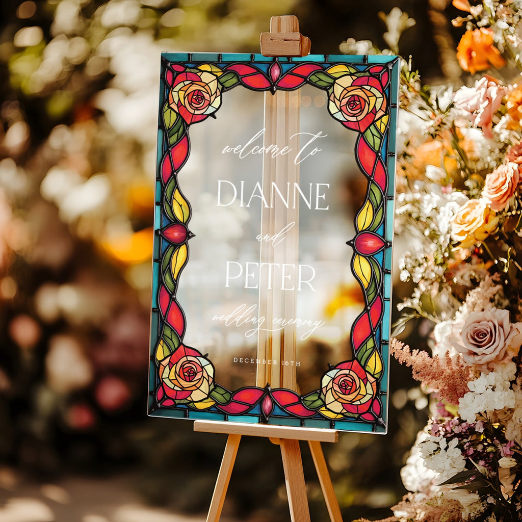 Red Roses Wedding Sign, Romantic Welcome Sign with Stained Glass Style - SpeedyOrders