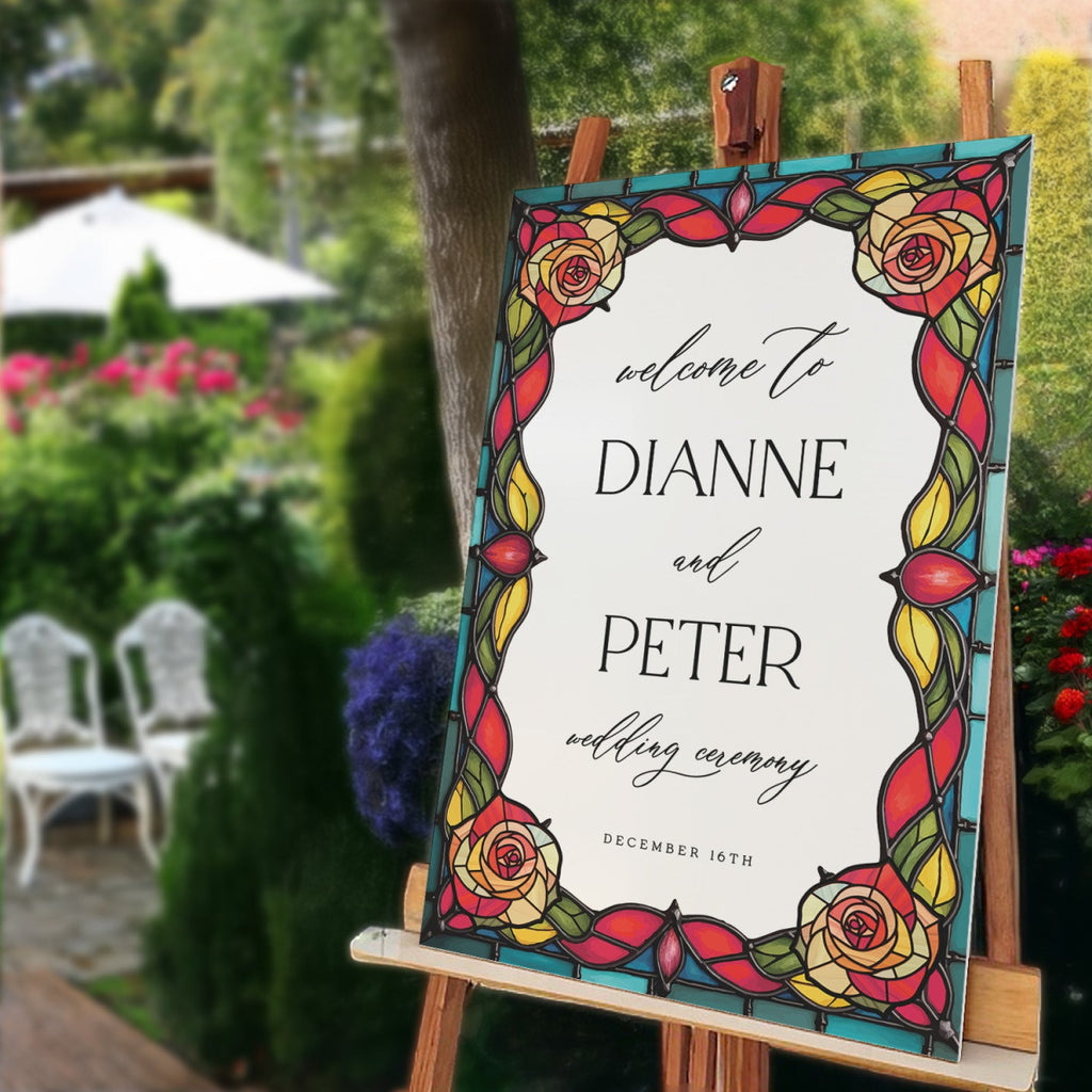 Red Roses Wedding Sign, Romantic Welcome Sign with Stained Glass Style - SpeedyOrders