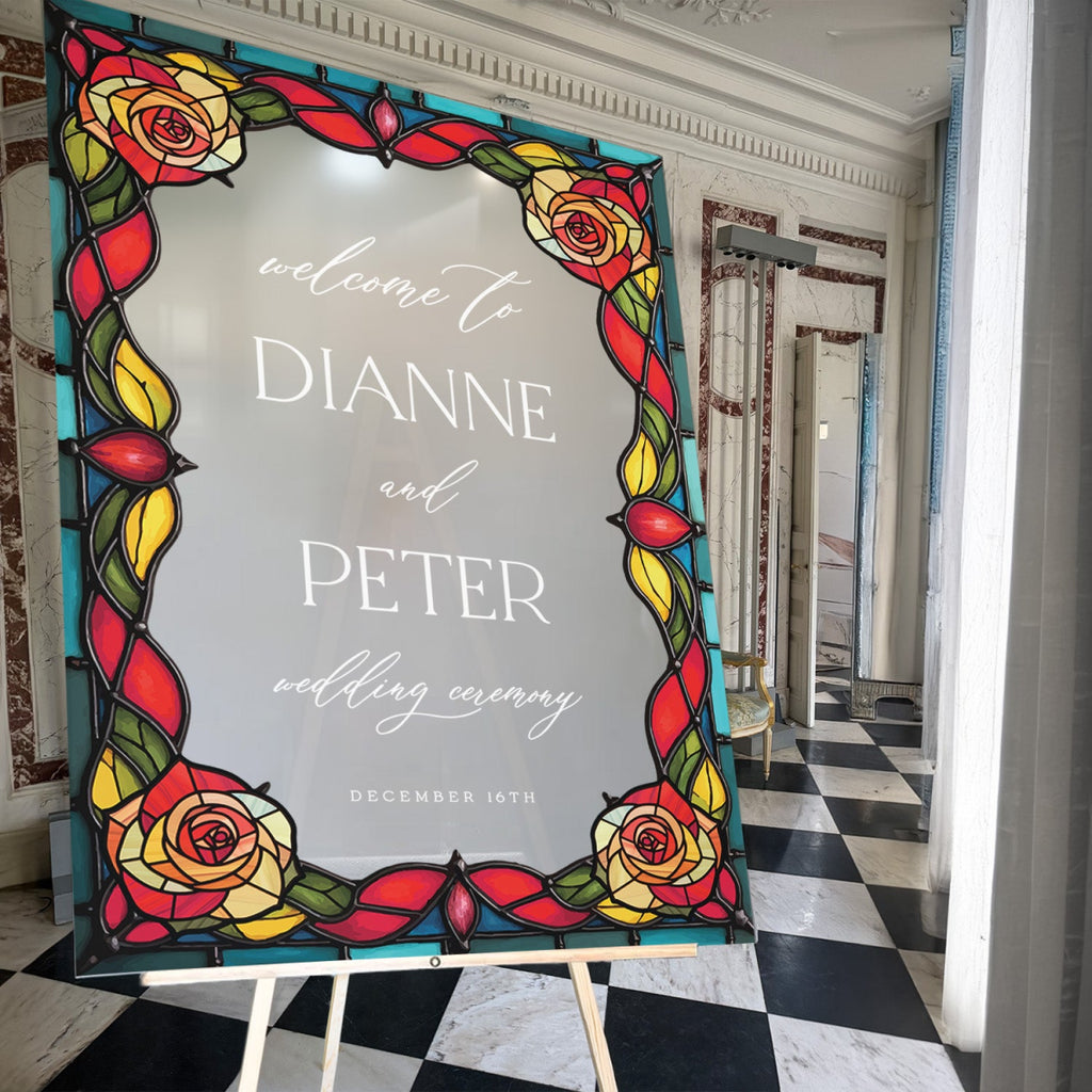 Red Roses Wedding Sign, Romantic Welcome Sign with Stained Glass Style - SpeedyOrders