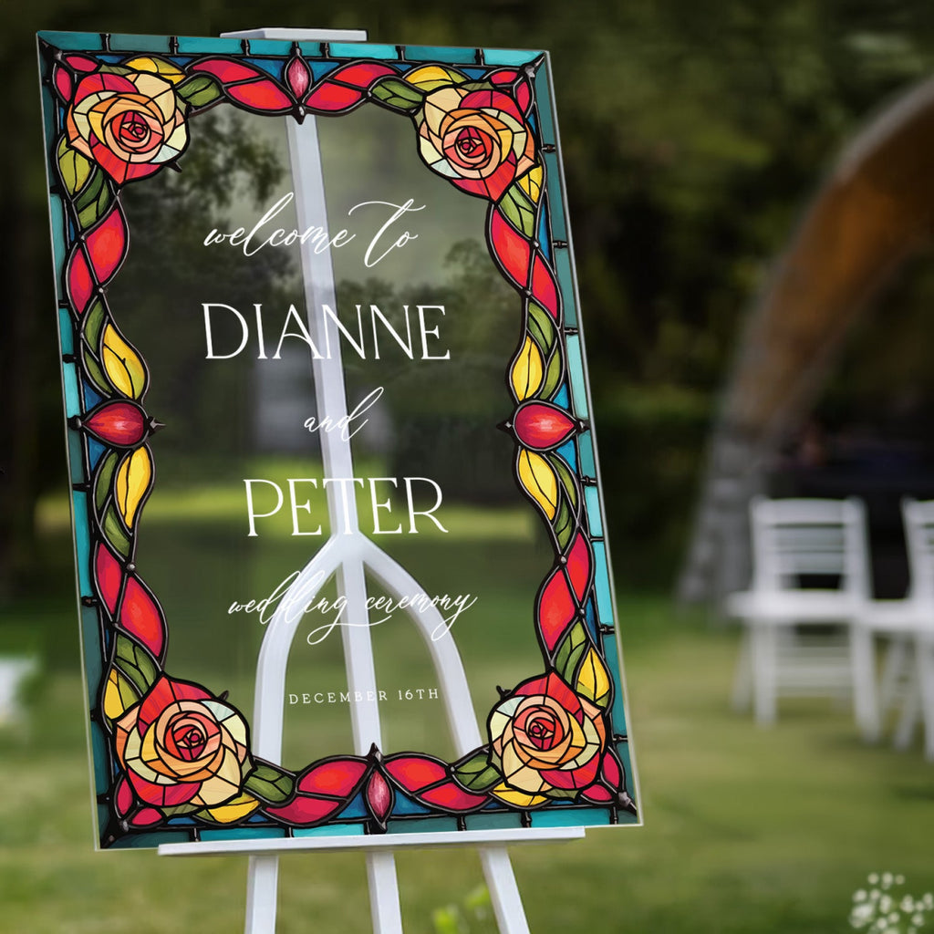 Red Roses Wedding Sign, Romantic Welcome Sign with Stained Glass Style - SpeedyOrders