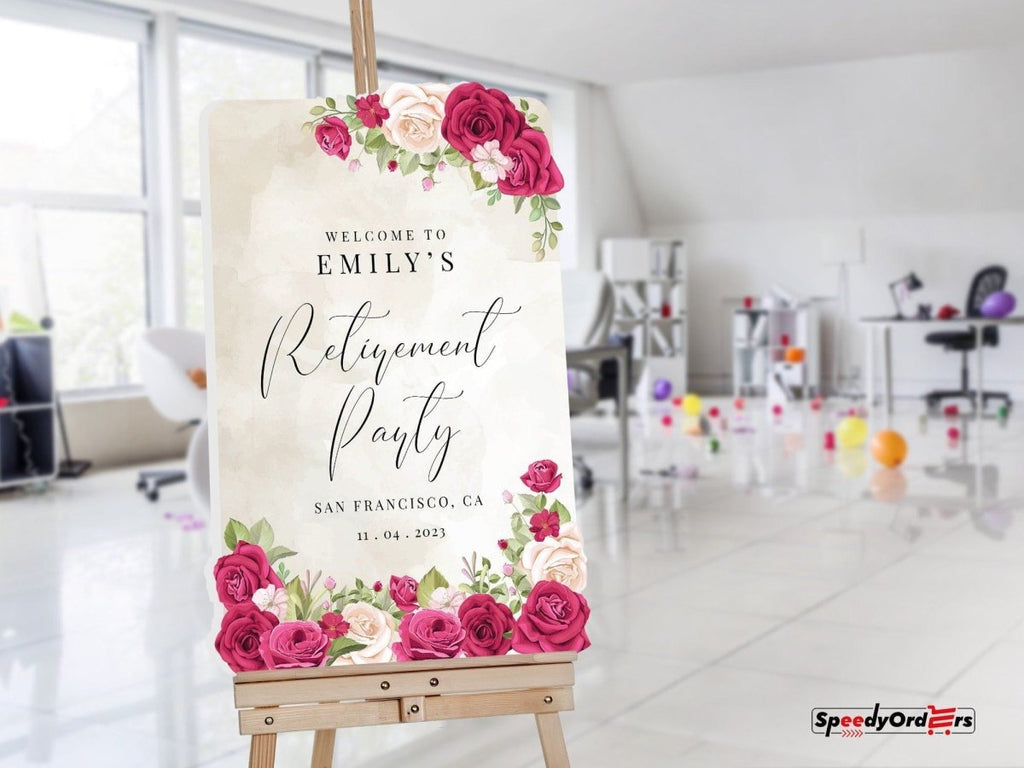 Retirement Party Welcome Sign, Custom Blushing Roses Retirement Sign - SpeedyOrders