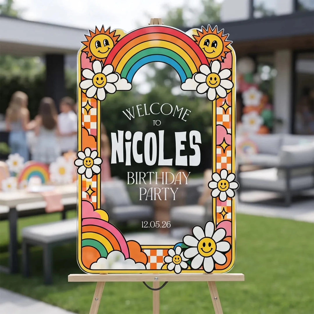Retro Daisy Birthday Party Welcome Sign — Groovy Sunshine Rainbow Arch - SpeedyOrders