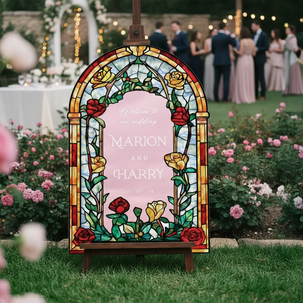 Roses Stained Glass Wedding Sign, Romantic Wedding Welcome Sign - SpeedyOrders