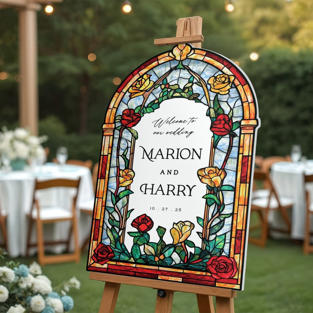 Roses Stained Glass Wedding Sign, Romantic Wedding Welcome Sign - SpeedyOrders