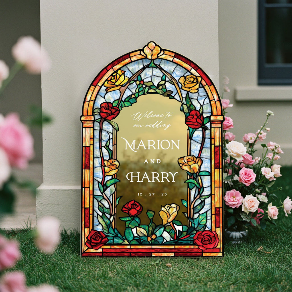 Roses Stained Glass Wedding Sign, Romantic Wedding Welcome Sign - SpeedyOrders