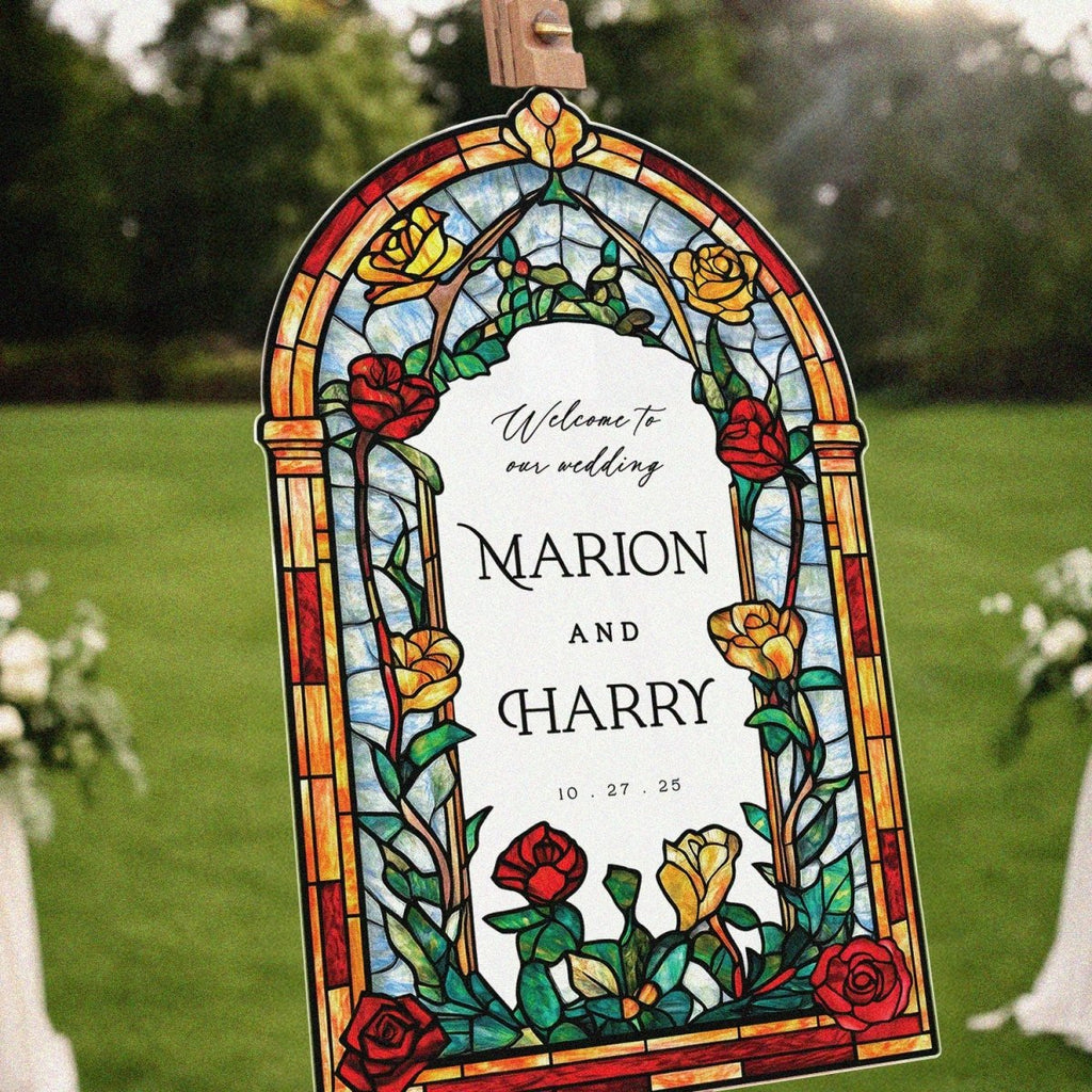 Roses Stained Glass Wedding Sign, Romantic Wedding Welcome Sign - SpeedyOrders