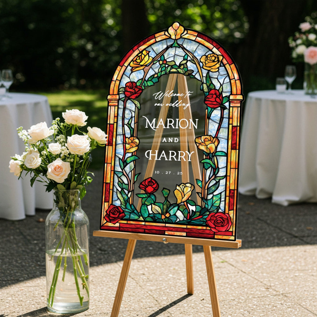 Roses Stained Glass Wedding Sign, Romantic Wedding Welcome Sign - SpeedyOrders