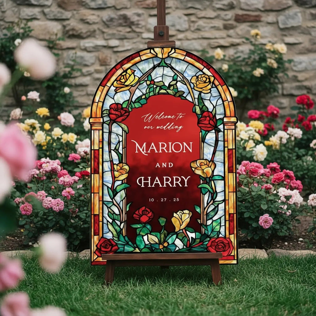 Roses Stained Glass Wedding Sign, Romantic Wedding Welcome Sign - SpeedyOrders
