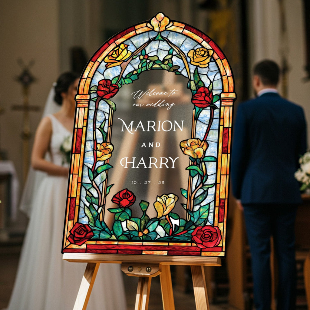 Roses Stained Glass Wedding Sign, Romantic Wedding Welcome Sign - SpeedyOrders