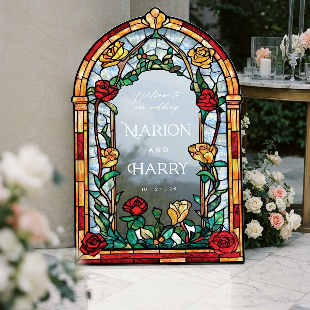 Roses Stained Glass Wedding Sign, Romantic Wedding Welcome Sign - SpeedyOrders