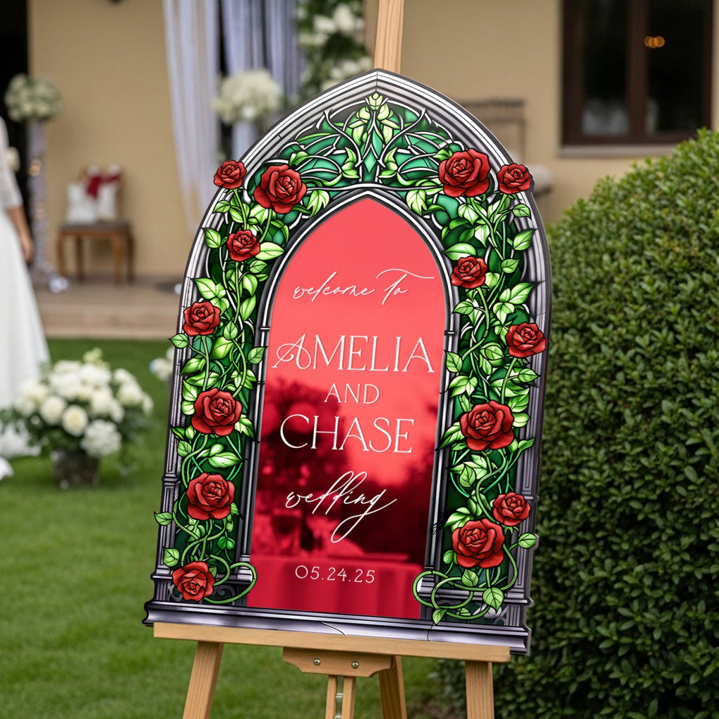 Roses Wedding Sign, Stained Glass Green Wedding Welcome Signs - SpeedyOrders