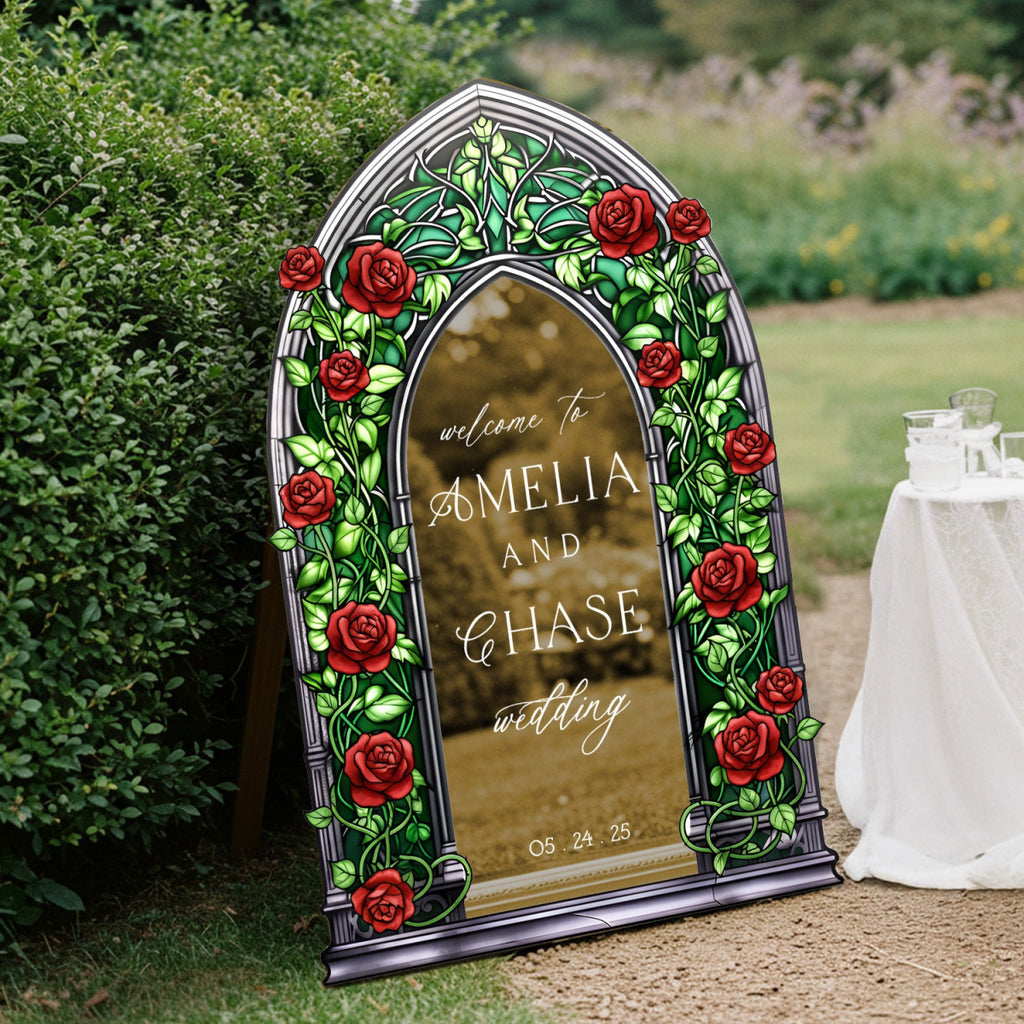 Roses Wedding Sign, Stained Glass Green Wedding Welcome Signs - SpeedyOrders