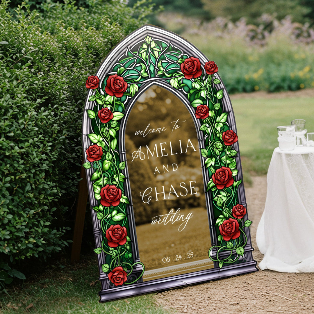 Roses Wedding Sign, Stained Glass Green Wedding Welcome Signs - SpeedyOrders