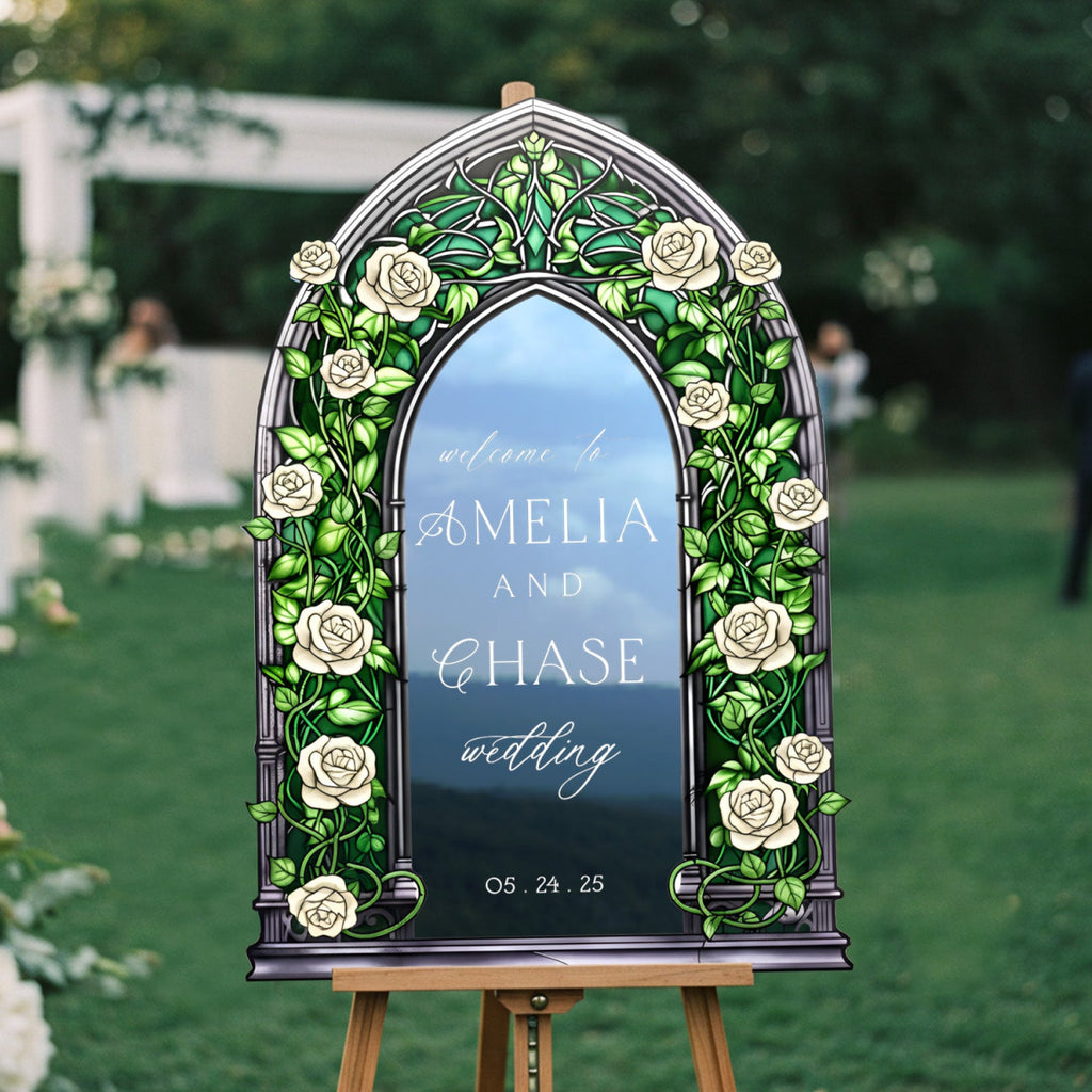 Roses Wedding Sign, Stained Glass Green Wedding Welcome Signs - SpeedyOrders