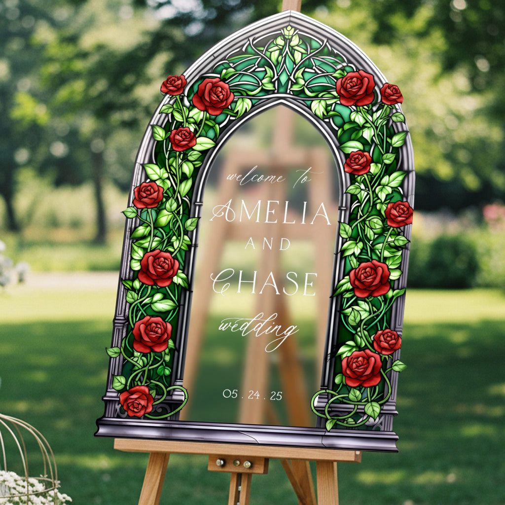 Roses Wedding Sign, Stained Glass Green Wedding Welcome Signs - SpeedyOrders