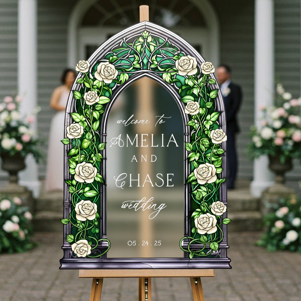 Roses Wedding Sign, Stained Glass Green Wedding Welcome Signs - SpeedyOrders