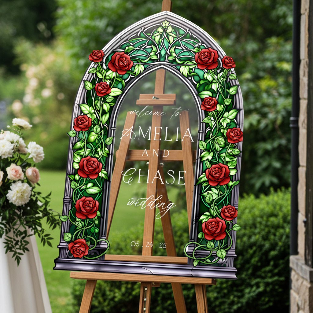 Roses Wedding Sign, Stained Glass Green Wedding Welcome Signs - SpeedyOrders