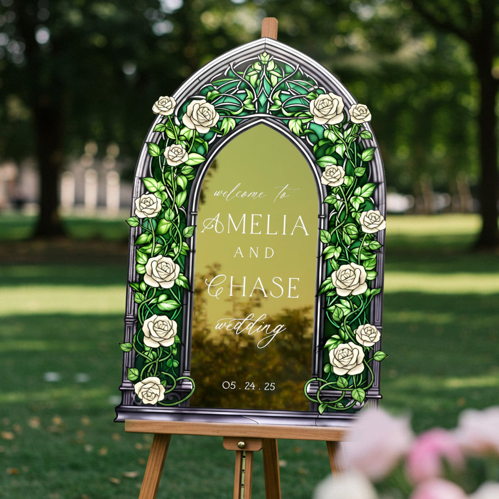 Roses Wedding Sign, Stained Glass Green Wedding Welcome Signs - SpeedyOrders