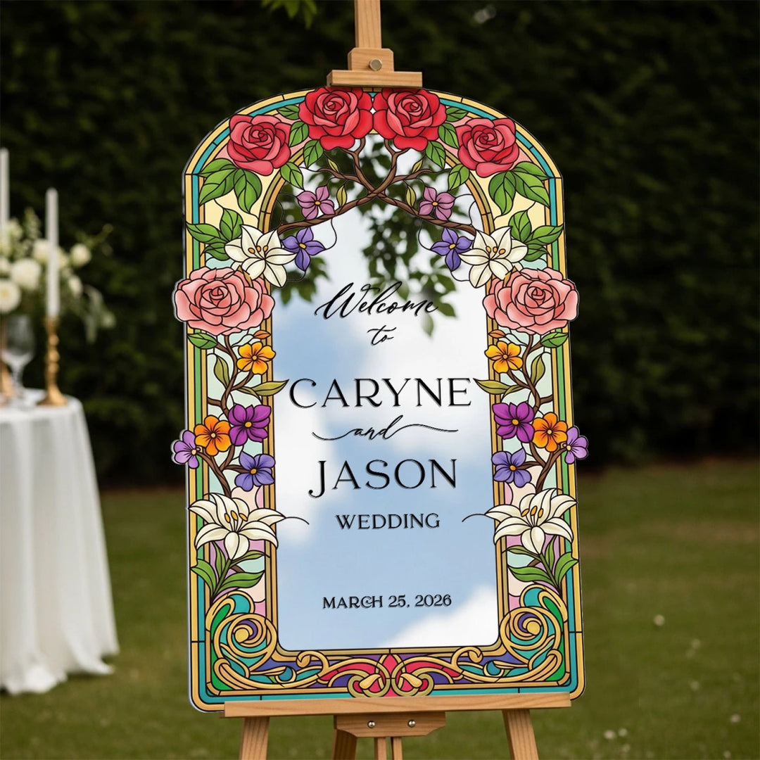 Roses Wedding Welcome Sign, Stained Glass Wedding Sign - SpeedyOrders