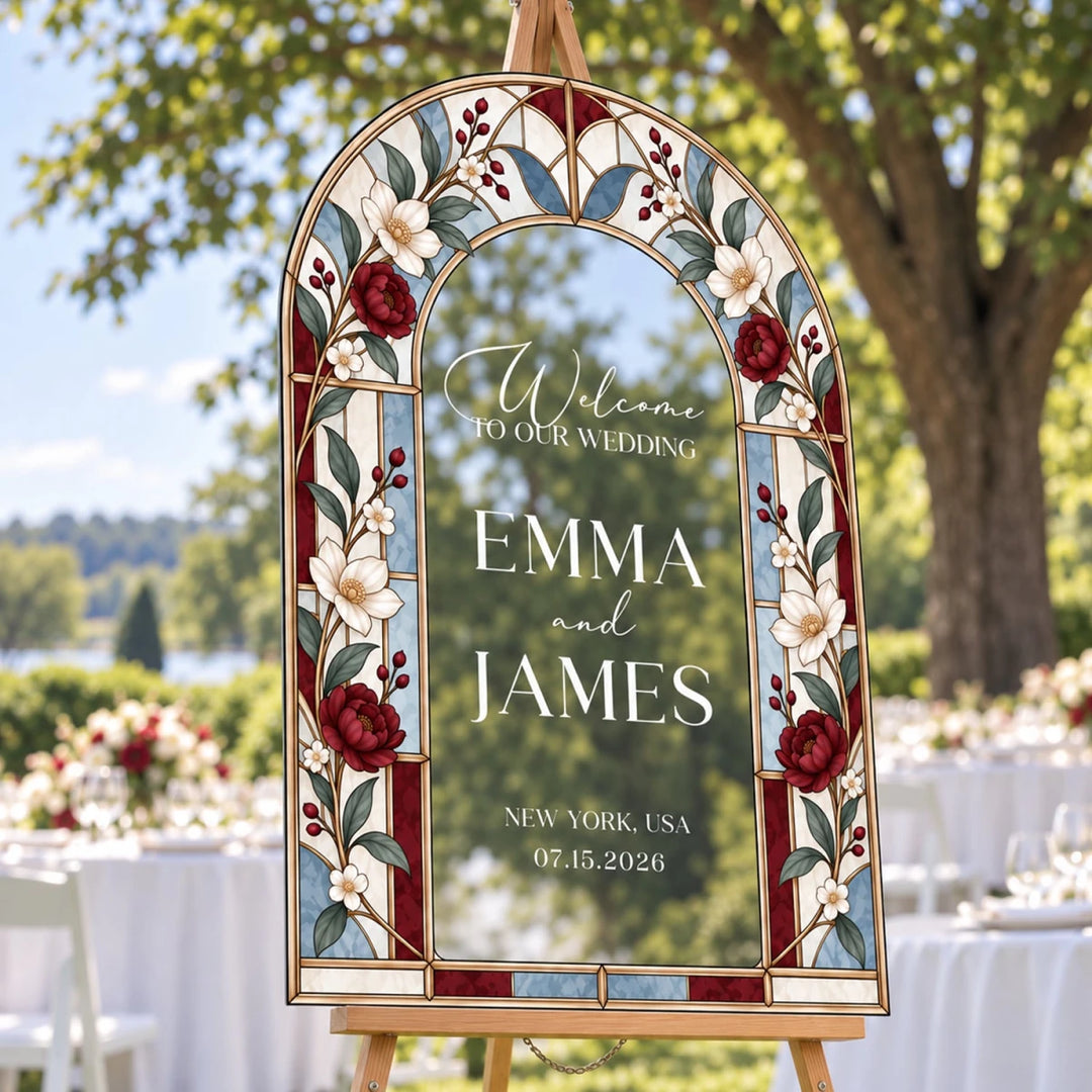 Royal Blue & Crimson Stained Glass Wedding Welcome Sign — Elegant Floral Arch - SpeedyOrders