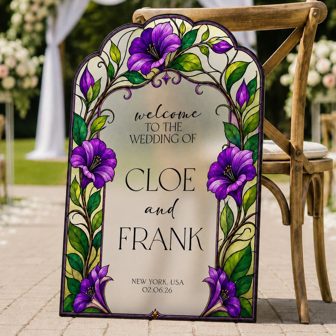 Royal Purple Floral Stained Glass Wedding Welcome Sign — Botanical Arch - SpeedyOrders
