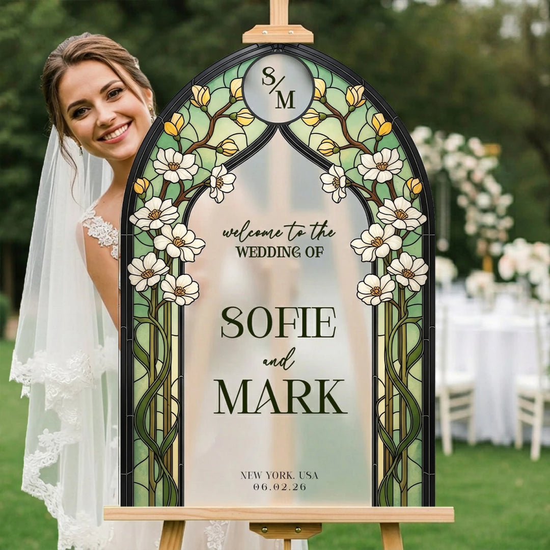 Sage Green Magnolia Arch Stained Glass Wedding Sign - SpeedyOrders