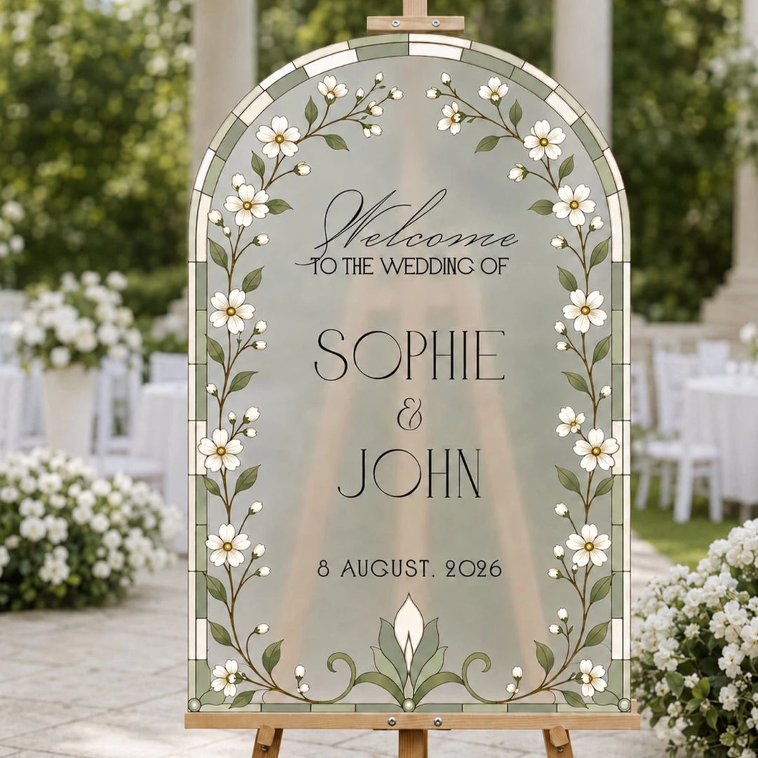 Sage Green Stained Glass Wedding Welcome Sign — White Jasmine Arch - SpeedyOrders