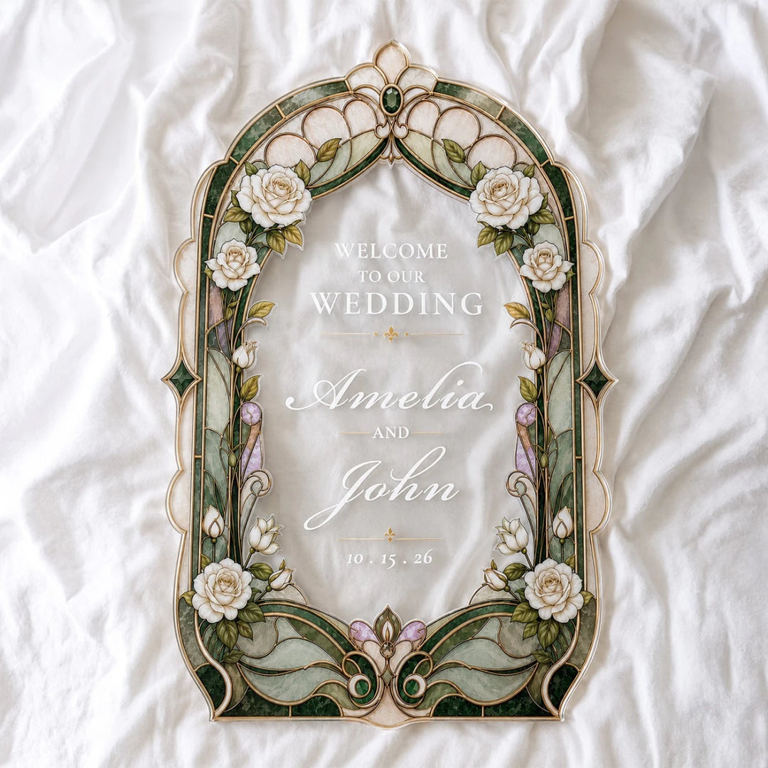 Sage Green White Rose Art Nouveau Wedding Welcome Sign - SpeedyOrders