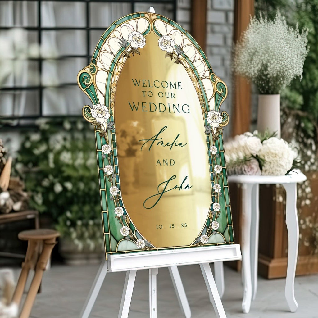 Sage Stained Glass Floral Wedding Sign, Frosted Cream Roses Wedding Welcome Sign - SpeedyOrders
